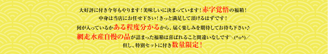 大好評に付き今年もやります！美味しいに決まっています！赤字覚悟の福箱！中身は当店にお任せ下さい！きっと満足して頂けるはずです！何が入っているかある程度分かるから、届く楽しみを期待してお待ち下さい♪オホーツク自慢の品が詰まった福箱は喜ばれること間違いなしです＼(^o^)／但し、特別セットに付き数量限定！